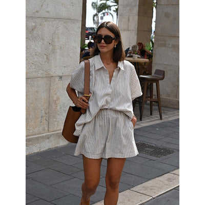 Conjunto de Camisa y Shorts a Rayas Holgado y Casual - Image 6