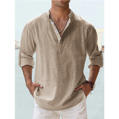 Camisa de Lino Hombre Cuello Mao Manga Larga Suelta - Image 12