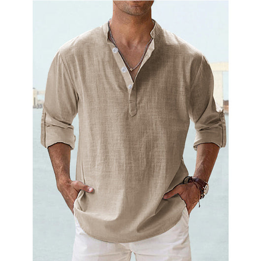 Camisa de Lino Hombre Cuello Mao Manga Larga Suelta - Image 12