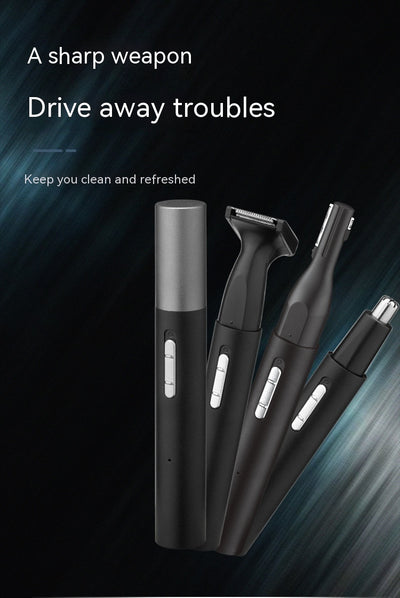 Black multifunctional men's grooming kit with electric shaver, nose hair trimmer, eyebrow trimmer, cleaning brush, and USB cable. - Image 12