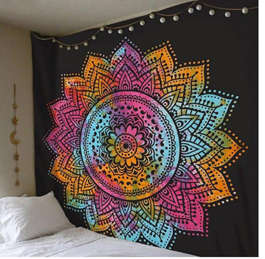 Vibrant multi-color mandala tapestry with a black background, hanging above a bed with white bedding. - Image 7