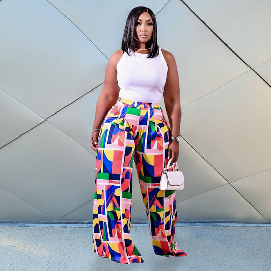 Pantalones Anchos Estampado Floral Geométrico con Cintura Elástica para Mujer - Image 10