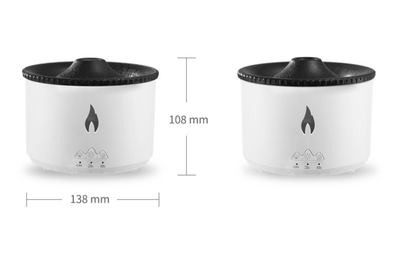 White ultrasonic essential oil diffuser with orange flame effect mist, alongside a gift set of Lavender, Peppermint, Tea Tree, and Sweet Orange essential oils. - Image 9