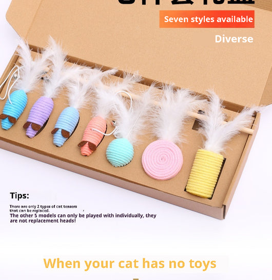 7-piece cat toy gift set with mouse, feather wands, and string-wrapped toys in a brown cardboard box. - Image 16