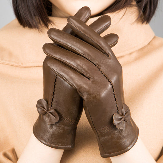 Guantes de Cuero de Oveja para Mujer Invierno - Cálidos con Lazo y Forro de Felpa
