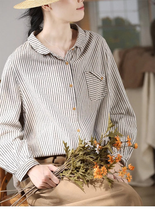 Blusa Retro de Lino y Algodón a Rayas con Diseño Artístico - Image 24