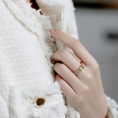 Anillo Rectangular de Plata 925 con Baño de Oro K e Incrustación de Olivino Verde - Image 15
