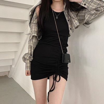 Vestido Camisero Cuadros Retro Entallado con Cordón Ajustable