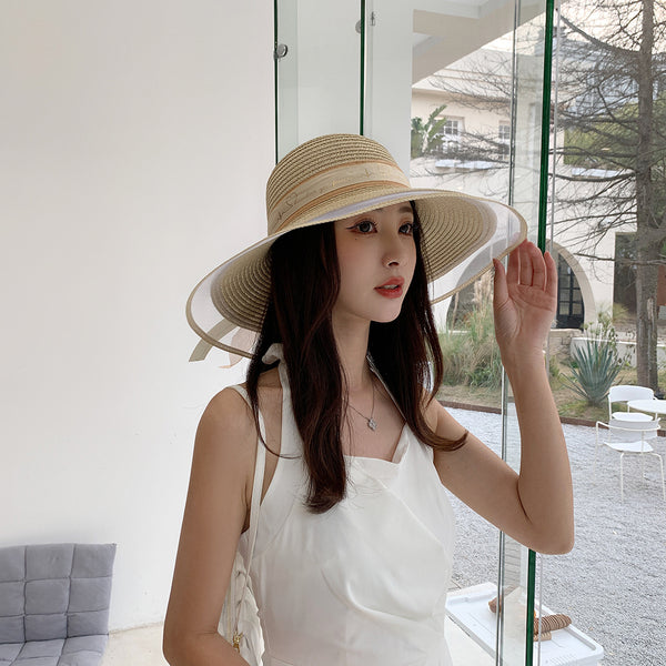 Sombrero de Paja Mesh con Cinta para Mujer Primavera Verano
