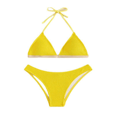 Bright yellow textured two-piece bikini with a triangle top and high-cut bottom, modeled on a person. - Image 5