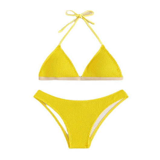 Bright yellow textured two-piece bikini with a triangle top and high-cut bottom, modeled on a person. - Image 5