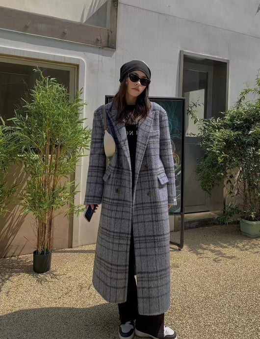 Abrigo de Lana Cuadros Reversible para Mujer Largo hasta la Rodilla Otoño Invierno - Image 3