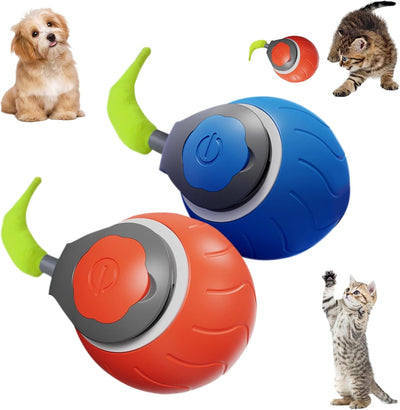 Blue interactive cat toy ball with a lime green tail and a power button, designed for indoor cats.