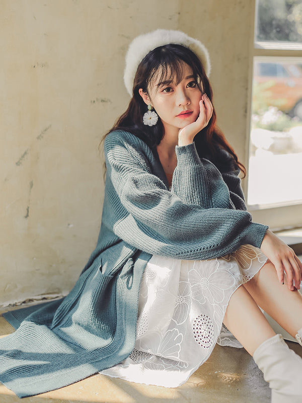Cardigan Tejido Retro con Mangas Farol - Corte Holgado Midi para Mujer