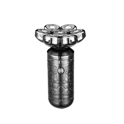 Dark grey electric shaver with a seven-head rotary design and an ornate, embossed pattern on its body. - Image 5