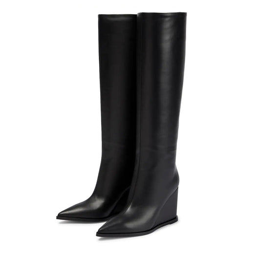 Botas Altas de Cuero con Caña Ancha y Tacón Cuña para Mujer - Image 11