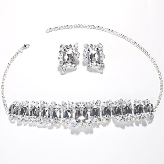 Light luxury geometric crystal necklace and square exaggerated earrings jewelry set in gold tone. - Image 8