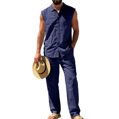 Conjunto de Lino Holgado para Hombre: Camisa sin Mangas y Pantalón Recto - Image 4