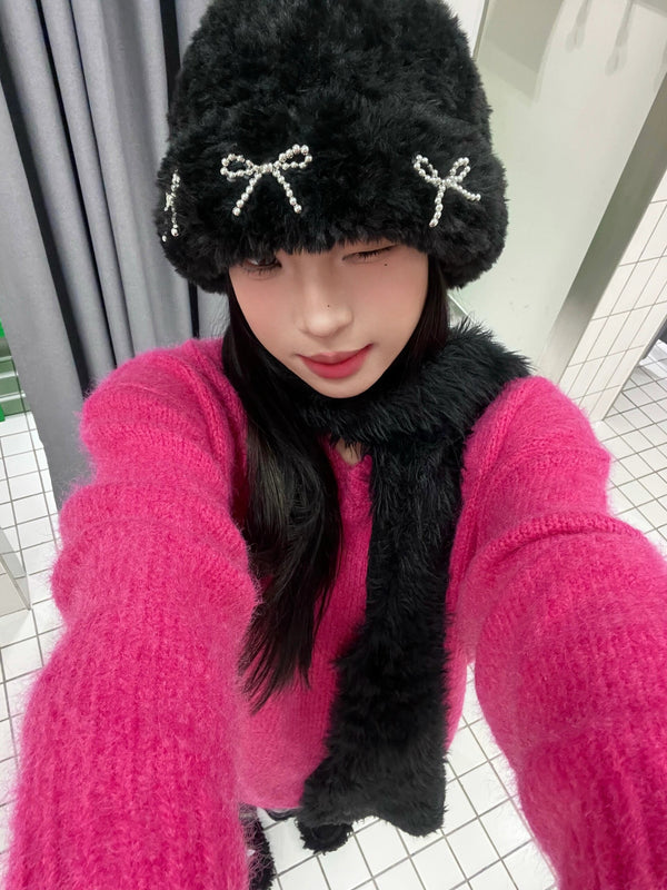 Gorro Tejido Cálido y Suave con Moño para Invierno