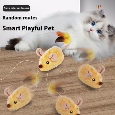 Yellow remote control electric plush mouse cat toy with a black remote and white USB charging cable.