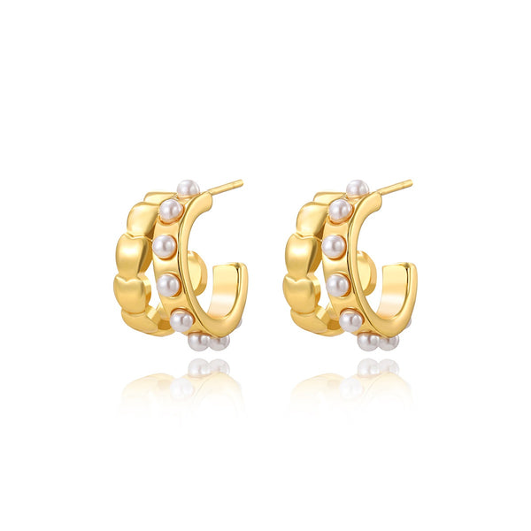 Aretes Doble C Retro en Acero Inoxidable con Perla Imitación - Diseño Amor