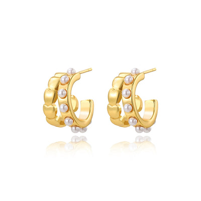 Aretes Doble C Retro en Acero Inoxidable con Perla Imitación - Diseño Amor - Image 2