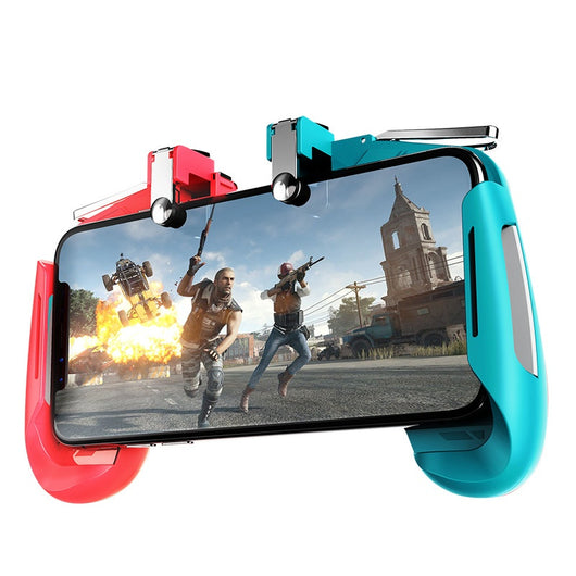 Black and white mobile gaming controller with physical buttons attached to a smartphone displaying a gunfight game. - Image 7