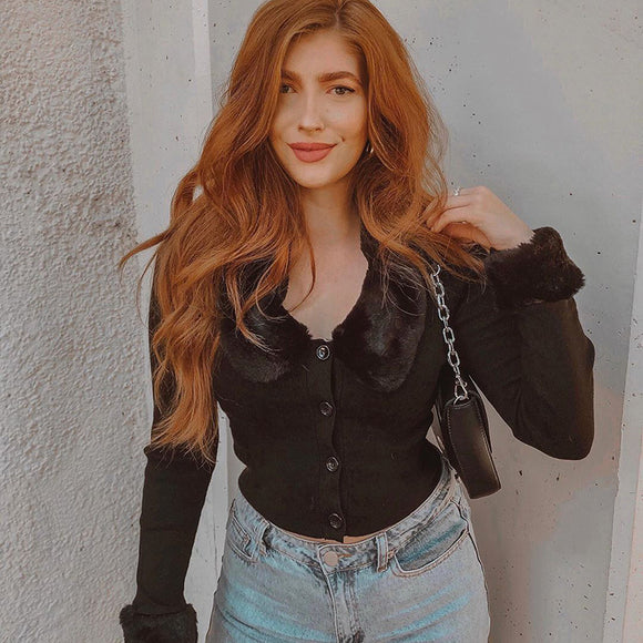 Cardigan Abotonado Elegante con Cuello de Piel Sintética