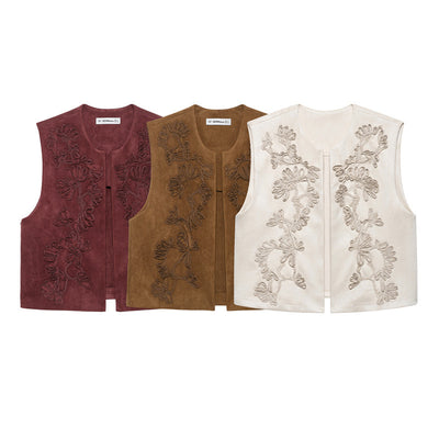 Chaleco de Gamuza con Bordados - Estilo Europeo y Americano para Mujer