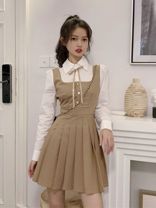 Vestido Camisero con Efecto Dos Piezas y Pliegues en la Cintura