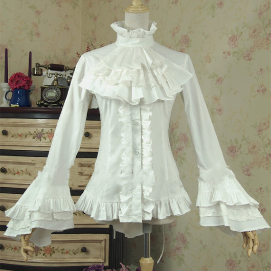 Blusa de Algodón Mercerizado con Mangas Acampanadas y Encaje