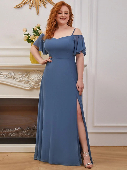 Vestido de Dama de Honor Talla Grande con Hombro Descubierto y Abertura Lateral