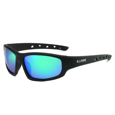 Black sports sunglasses with red mirrored lenses, featuring a wrap-around style and red accents on the temples. - Image 14