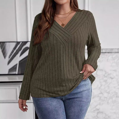 Suéter Tipo Polera Plus Size Cuello V Cruzado Manga Larga Textura Acanalada - Image 4