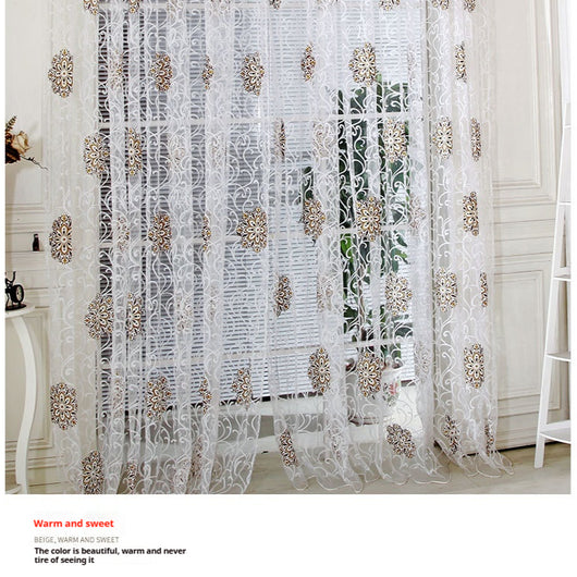 Sheer white European-style floral curtain with brown and gold patterns, hung on a gold rod in a bedroom. - Image 5