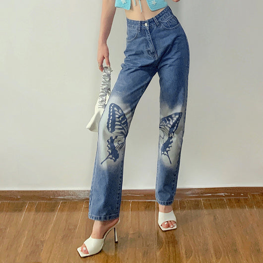 Jeans Rectos de Talle Alto con Estampado de Mariposas - Image 18
