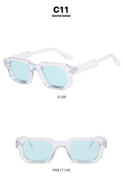 Black square-frame sunglasses with thick, angular frames and dark blue lenses, shown on a white background. - Image 21