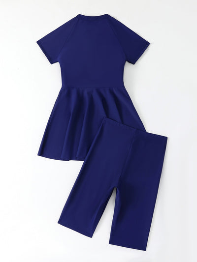 Navy blue two-piece conservative swimwear with short-sleeve peplum top and mid-length shorts, featuring a front zipper. - Image 19