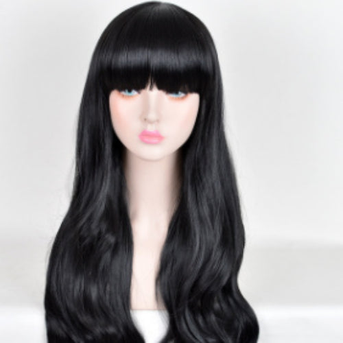 Peluca Lolita Coreana Rizada Negra con Flequillo Qi Liu Hai para Cosplay