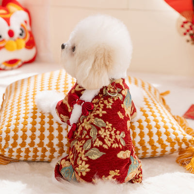 Traje de Brocado para Mascotas Año Nuevo Lunar con Borde de Pelaje Sintético - Image 6