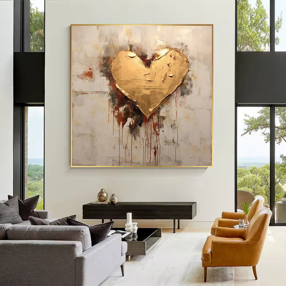 Cuadro Abstracto Moderno con Corazón en Hoja de Oro