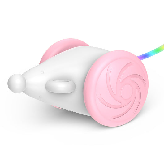 White and blue interactive cat toy shaped like a mouse with large wheels and a colorful, luminous tail. - Image 13