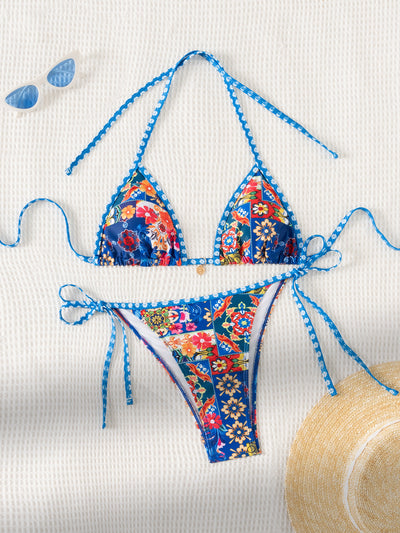 Red floral print triangle cup bikini set with matching bottom, featuring a small gold charm on the top. - Image 8