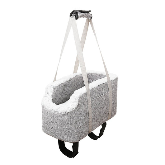 Grey pet car seat with plush white lining, designed for small dogs or cats, placed on a car's center console. - Image 5