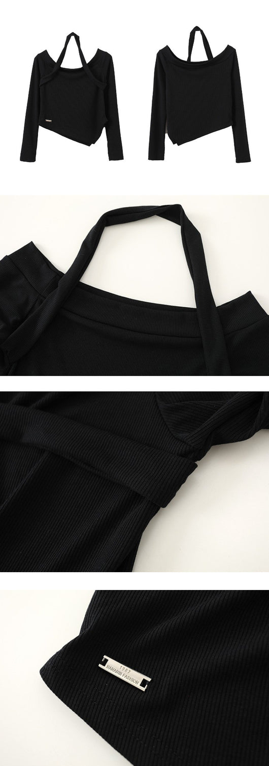 Blusa Otoñal de Manga Larga con Cuello Halter y Suéter Tejido en Hombros - Image 13
