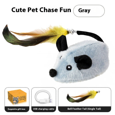 Gray plush electric mouse cat toy with black ears and eyes, featuring a yellow and green feather tail with a bell. Includes a USB charging cable and gift box. - Image 7
