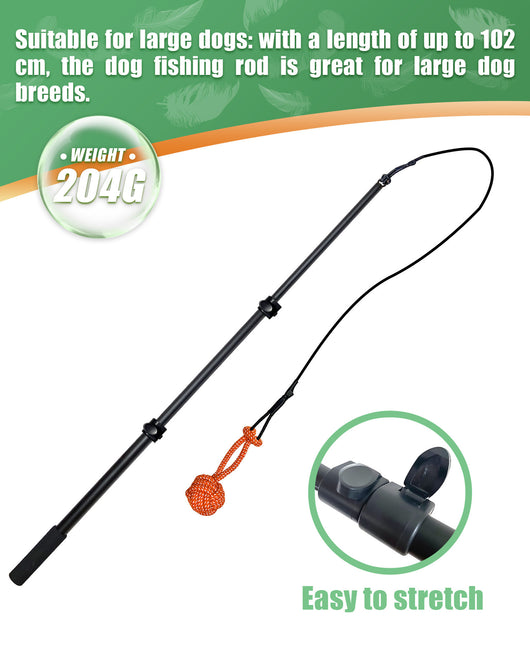 Black telescopic pet training rod with a black cord and two interchangeable braided fabric attachments in green/yellow and blue. - Image 20