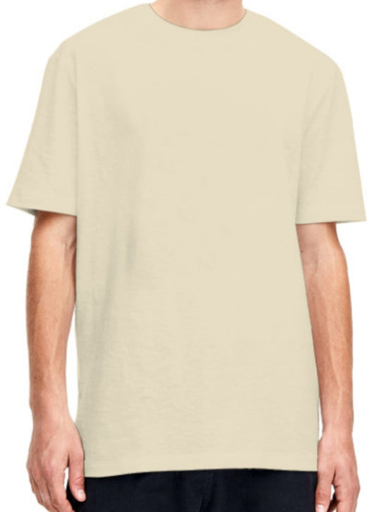 Plain light beige short-sleeved crew neck t-shirt made of cotton, shown on a model. - Image 6