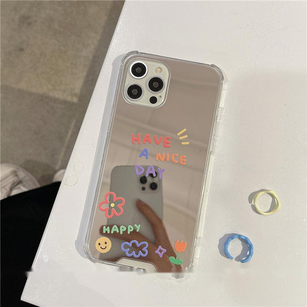 Protector de Celular con Espejo Floral y Carita Sonriente