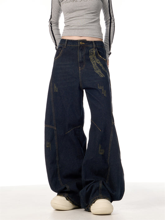 Overol Denim Retro Patchwork de Pierna Ancha para Mujer - Image 24